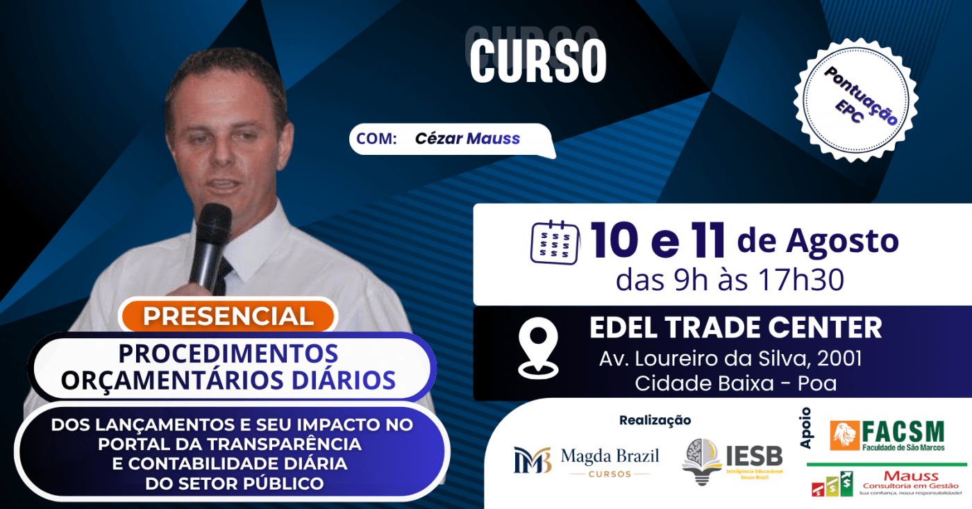 Imagem do curso PROCEDIMENTOS ORÇAMENTÁRIOS DIÁRIOS: DOS LANÇAMENTOS E SEU IMPACTO NO PORTAL DA TRANSPARÊNCIA E CONT